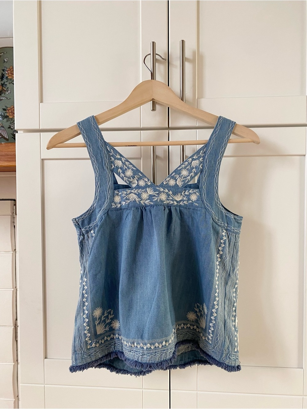 Anthropologie Meadow Rue Denim Embroidered Top 100% Cotton